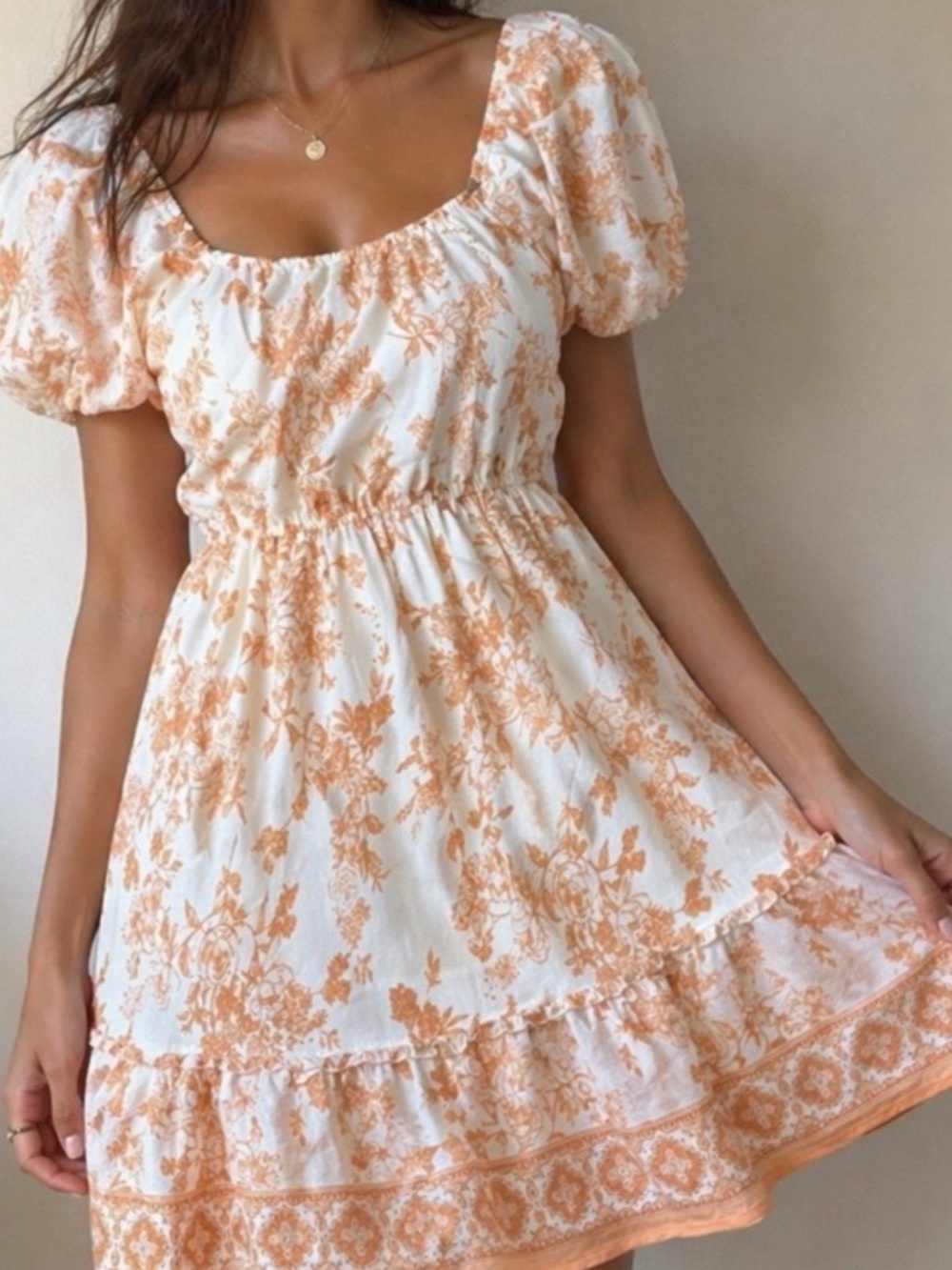 Blu Pepper White and Peach Floral Puff Sleeve Mini Dress
